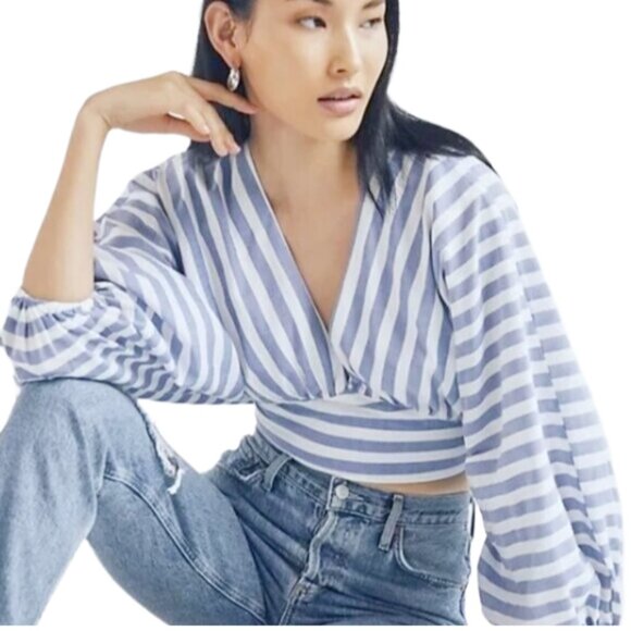 Anthropologie Dolan Striped Crop Top S Blue White Balloon Sleeve Tie Back Blouse - Picture 1 of 16